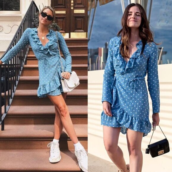 Realisation Par Alexandra Blue Polka‎ Dot Wrap Mini Dress Size M - Picture 1 of 13